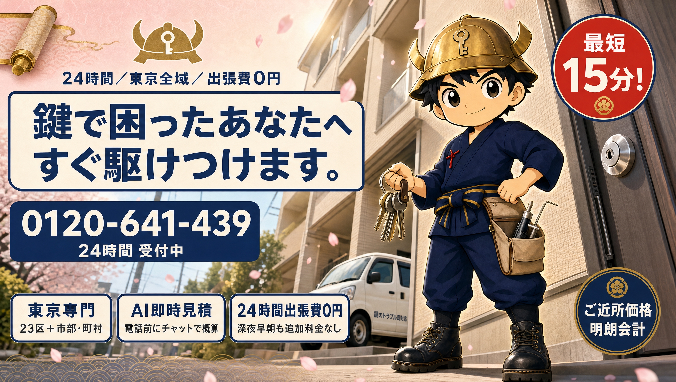鍵で困ったあなたへすぐ駆けつけますと訴求する鍵の助太刀のヒーロー画像